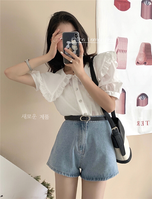 [lemon green tea] Korean large lapel button bubble sleeve shirt 2220\hjy