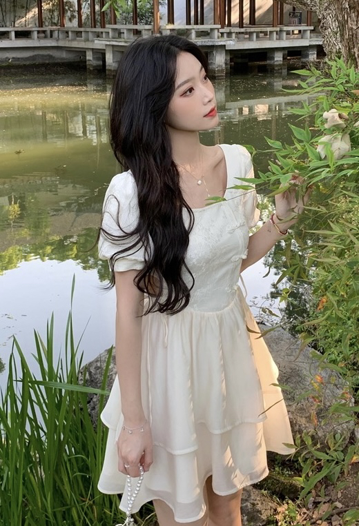 [JH] small fragrant jacquard disc buckle bubble sleeve dress 41968\pcz