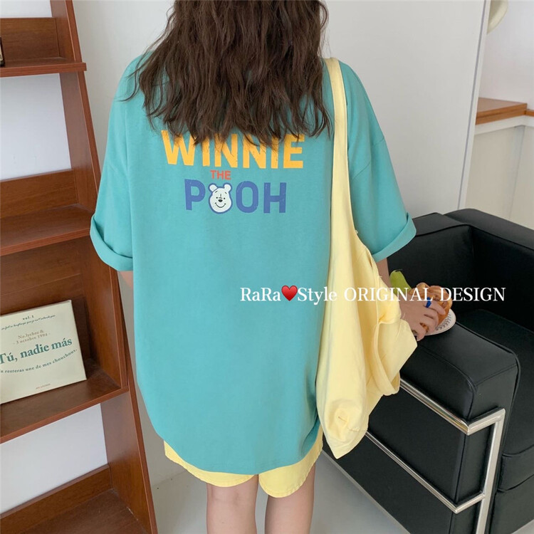 [rara] cartoon Pooh Bear front and back printed loose short sleeve T-shirt 8789\lsl