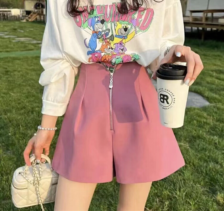 [Ming] temperament solid color high waist zipper casual shorts 5205\lsw