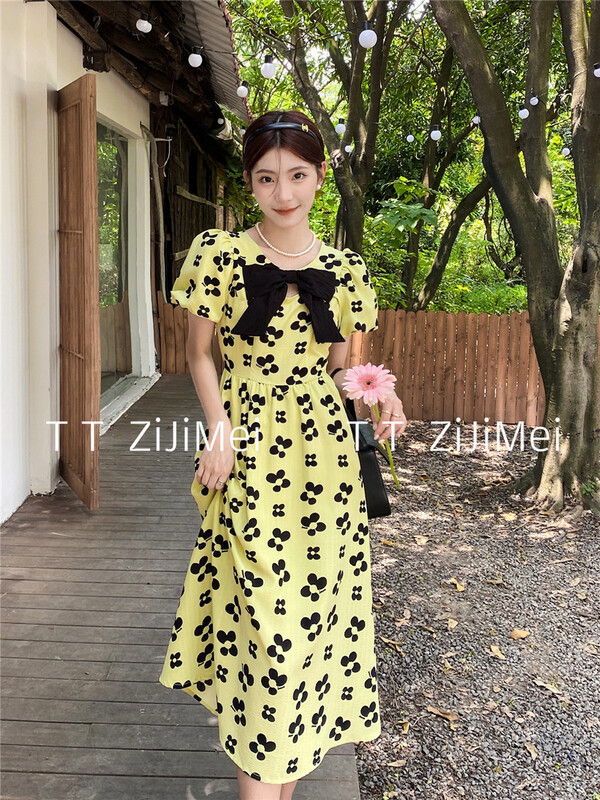 [self beauty] Korean printed high waist dress 6288\hjy