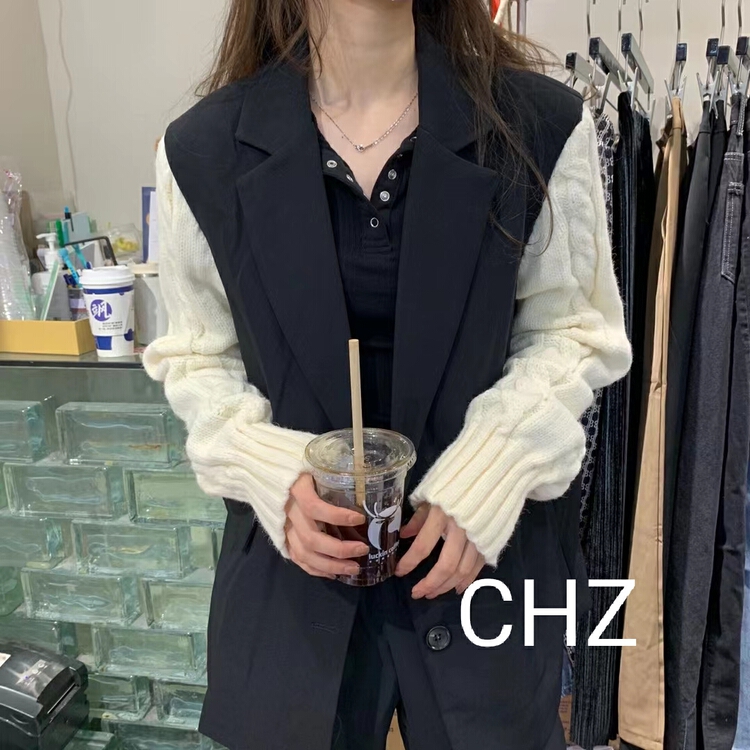 早春上新!【C.H.Z】粗針麻花針織拼接西服假兩件西裝  880012#  WTT