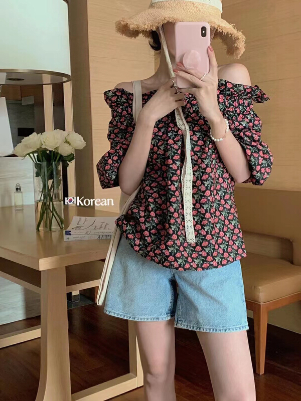 [Sue studio] retro flower one line collar shirt 22305\zjy