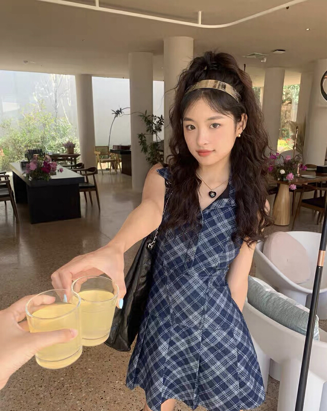 [Huaxi] denim Plaid neck and waist dress 9101\pcz