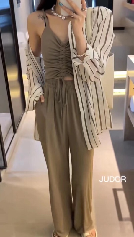 [jelly house] Korean striped shirt + strap Vest + elastic waist suspension suit 7122\hbx