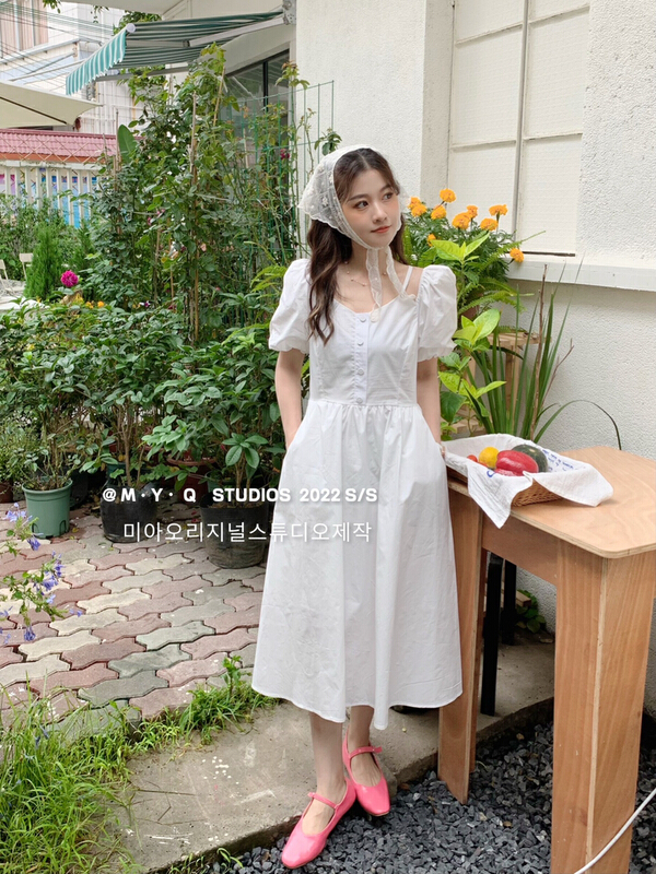 [m.yqueen] French square neck bubble sleeve temperament dress 6836\\cl