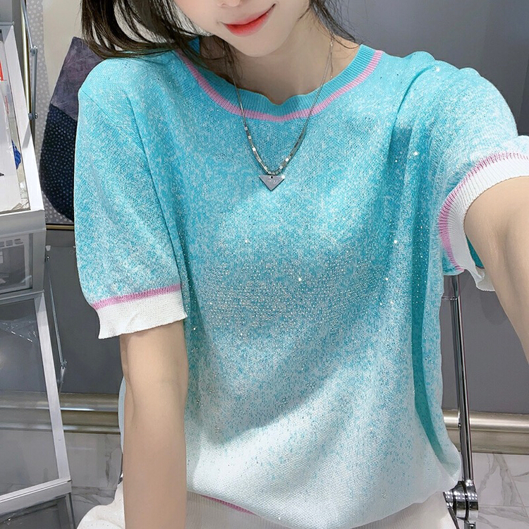 [f · P] fresh and simple gradient color blocking round neck loose short sleeve T-shirt 32091\hbx