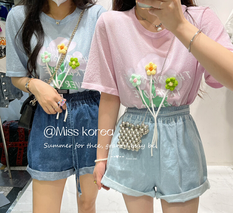 [Miss Korea] fresh round neck three-dimensional floret T-shirt 6825\hbx