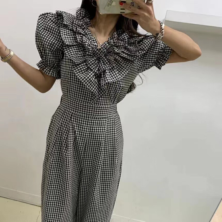 [31 fashion] commuter style V-neck Ruffle Plaid waistband slim Jumpsuit 81677\hjy