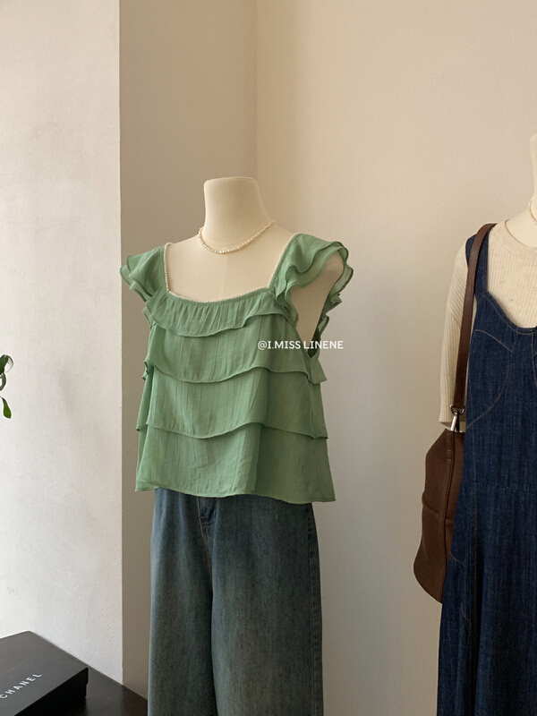 [Imiss] French square neck pearl welted Ruffle vest / sling cx10115\lsw
