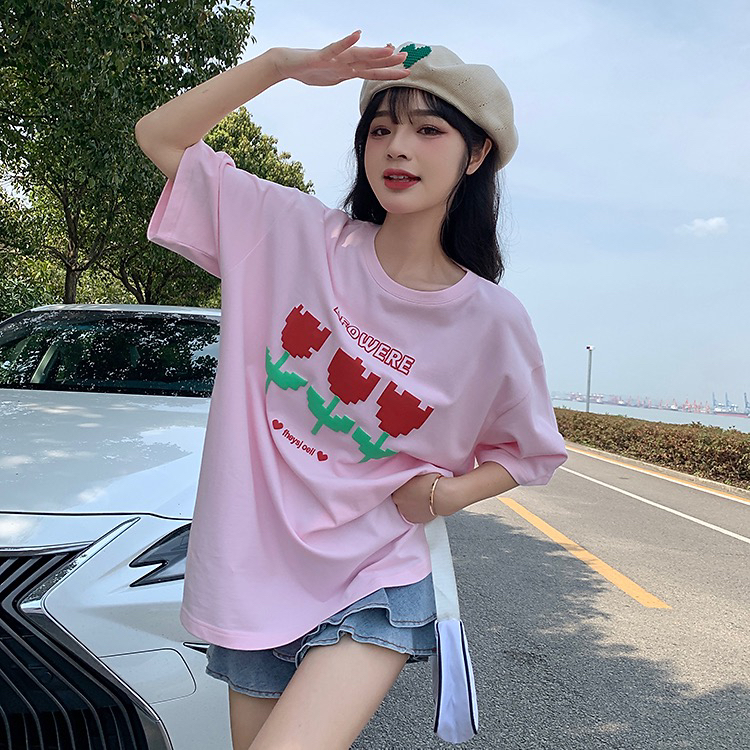 [Dake family] letter flower print loose slim short sleeve T-shirt 6101\zjy