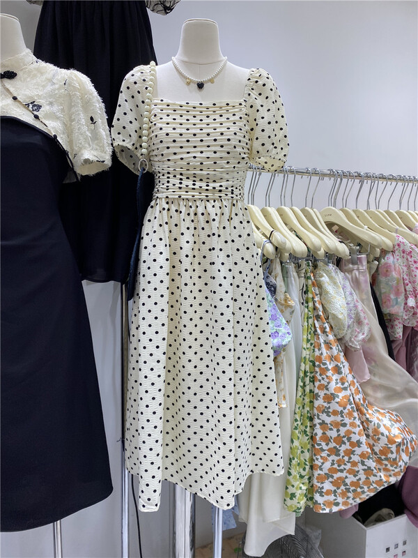 [u.me] elegant retro square neck high waist dress 10019\hjy