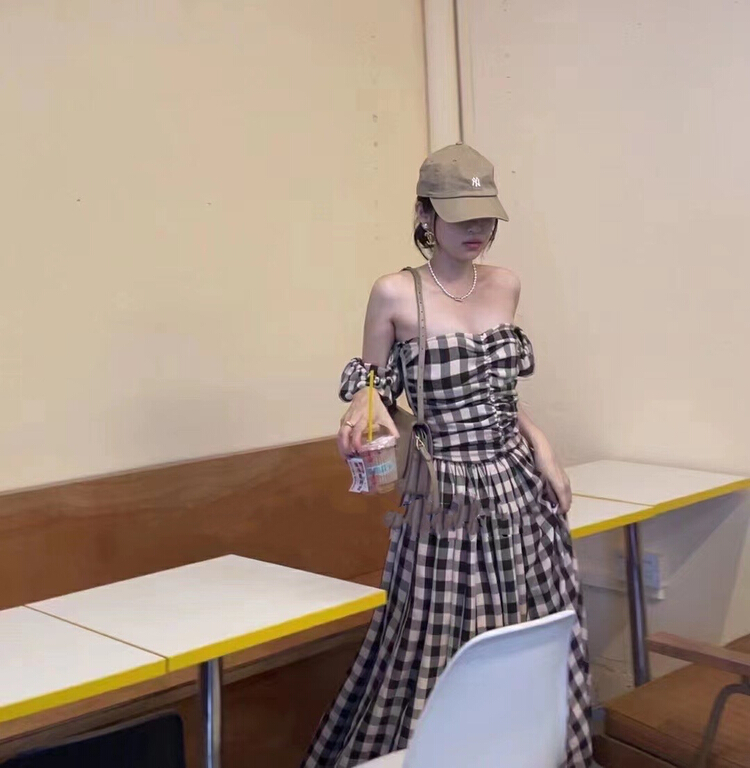 【 mi 】 Vintage Plaid Strapless bubble sleeve dress 9817\pcz
