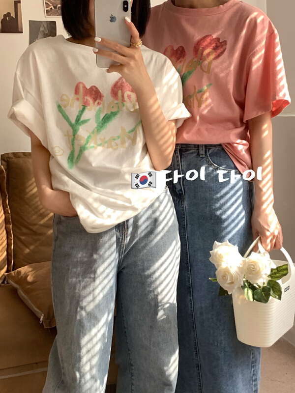 [Daidai] two small flowers printed short sleeve T-shirt 4492\l