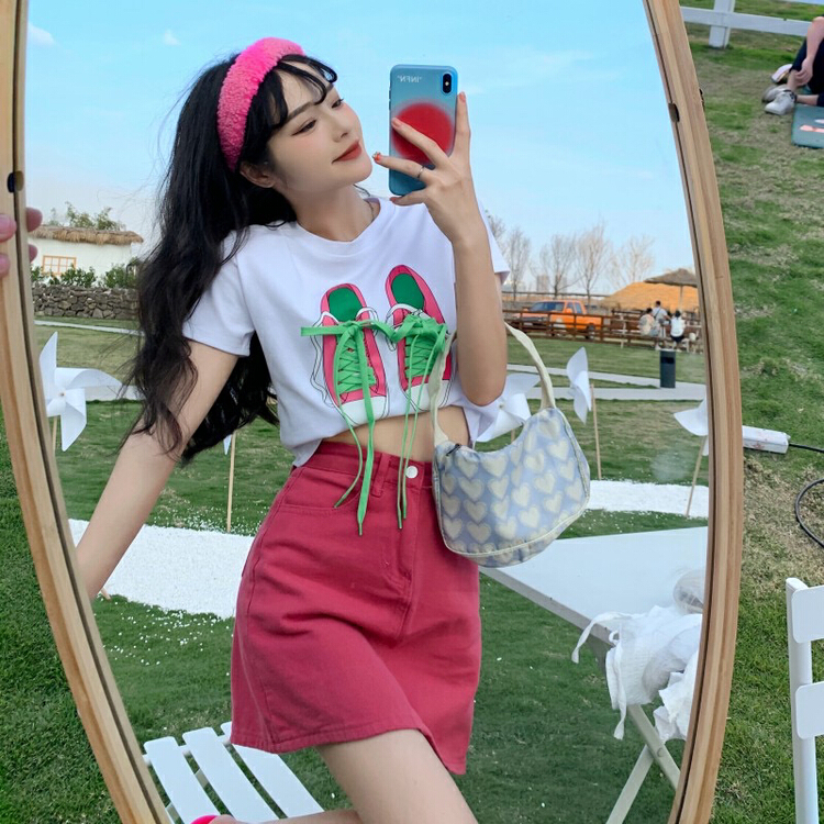 [y.jia EJA] Korean design Short Sleeve T-Shirt + simple and versatile skirt set 8970\pcz