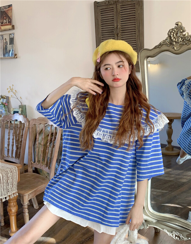 【N】 Large lapel lace stripe short sleeve T-shirt 0939\wtt