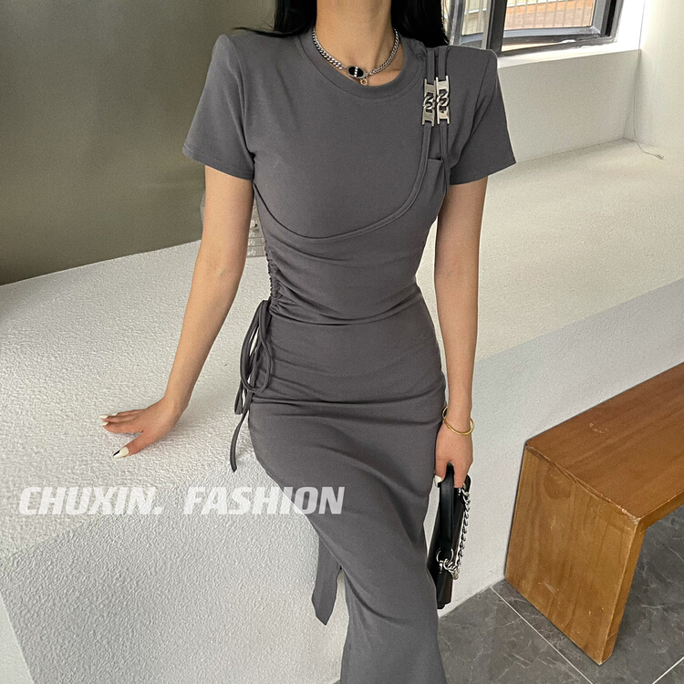 [c.x original heart] design sense round neck short sleeve careful machine hollowed out waist drawstring pleated slit dress 6228\wtt