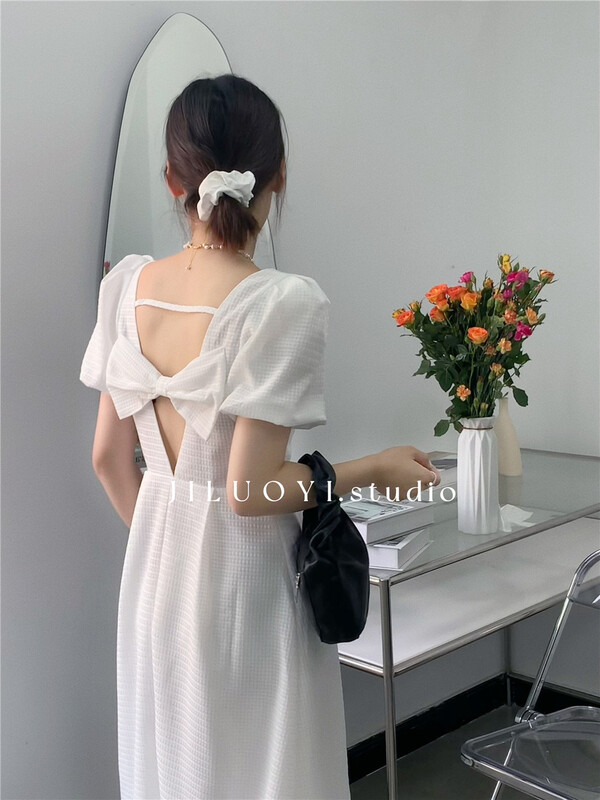 [Luoyi] V-neck pleated back bow dress 9833\l