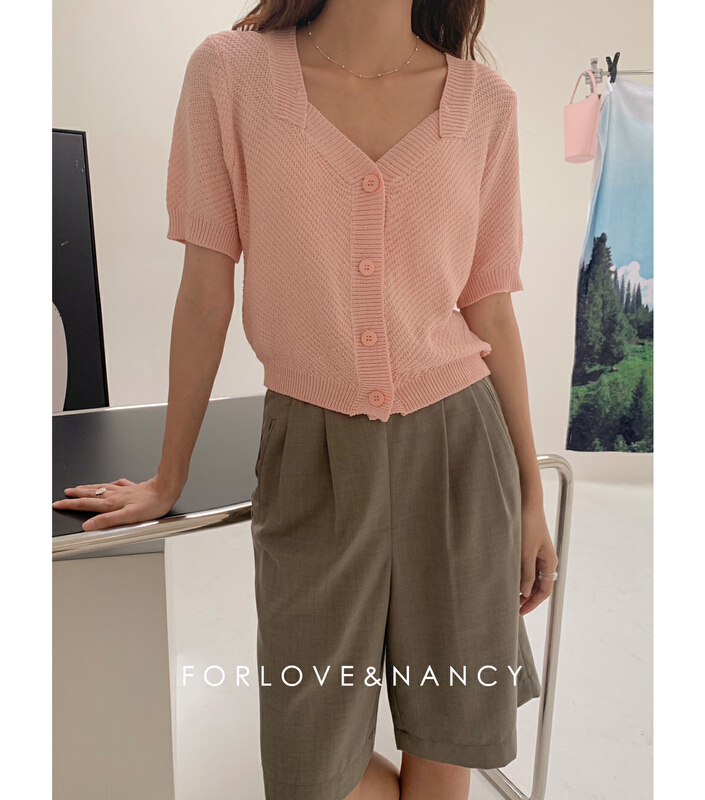 [FN] Japanese simple square neck single breasted short sleeve knitted cardigan lb2ma1393\cqw