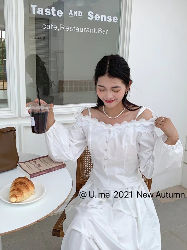 [u.me] Korean style small lace off shoulder sling long sleeve shirt 57773\hjy