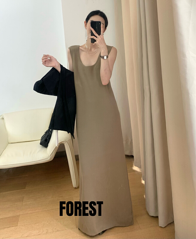 [forest] sleeveless pleated V-neck dress ys1-8150\l