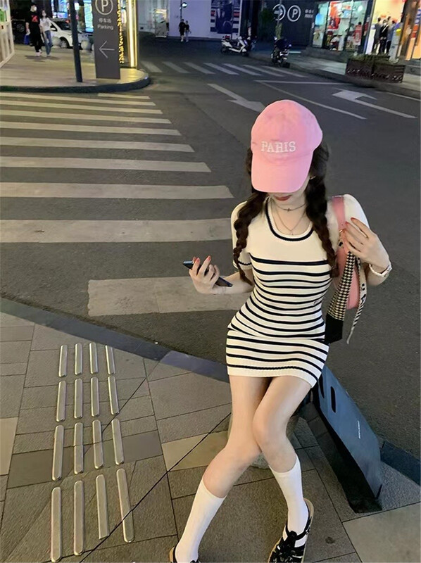 [MS studio] pure wind stripe contrast color slim dress 9169-4\pcz