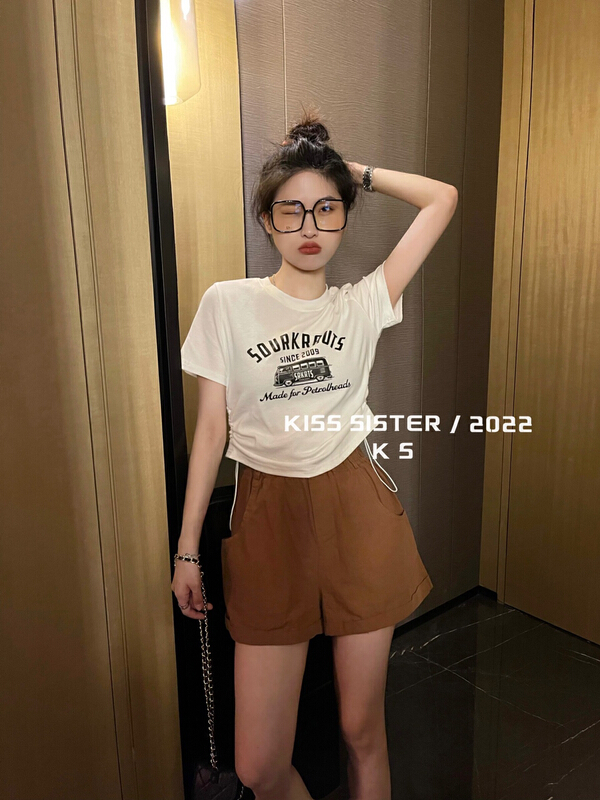 [kiss sister] sweet cool versatile Spice Girl drawstring design Short Sleeve T-shirt 9226