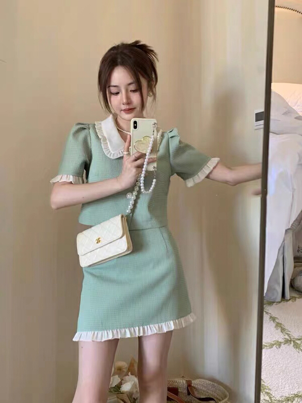 [are studio] Xiaoxiang wind waffle small shirt + temperament fungus edge skirt suit 81336\zxx