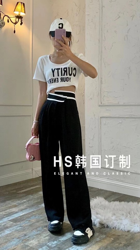[HS customized in Korea] simple letters short short sleeves + Korean color blocking loose High Waist Pants Set 6678\hjy