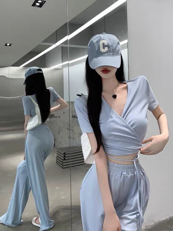 [top] V-neck lace up shirt + elastic waist split casual pants set 9165\zjy