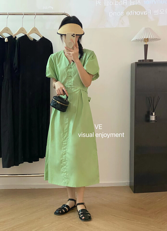 [ve] Chinese style lace up bubble sleeve dress 99023\hbx