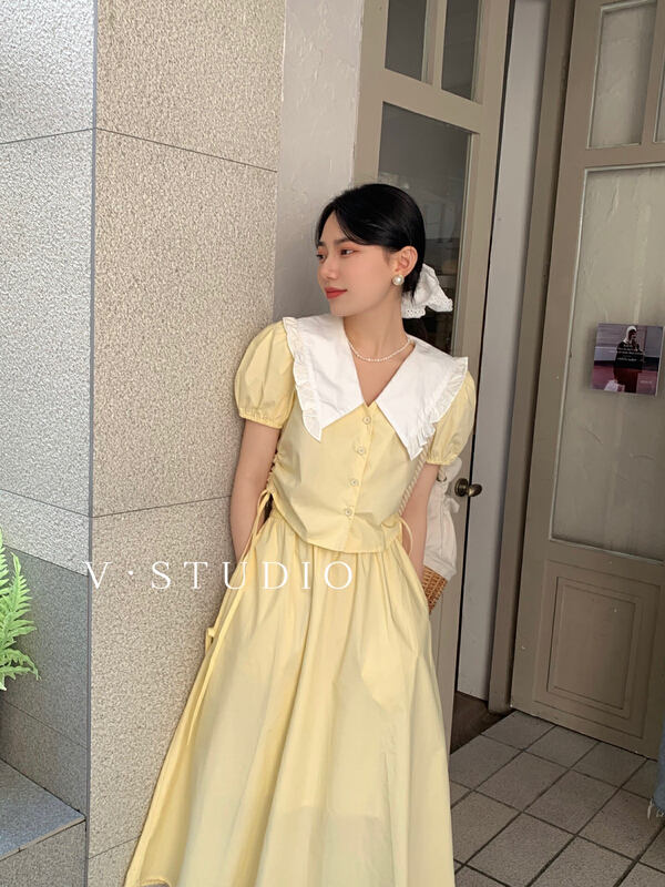 [v.studio] contrast collar drawstring Tie Shirt (excluding skirt) 5257\zjy