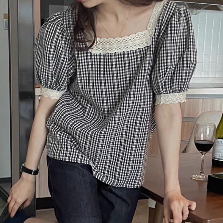 [U grain] small fresh Plaid lace spliced square neck soft shirt ys1-6203\hbx
