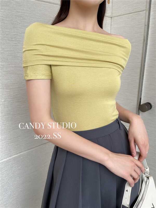 [candy] one shoulder small sexy Korean Short Sleeve T-shirt (excluding necklace) 4195\zjy