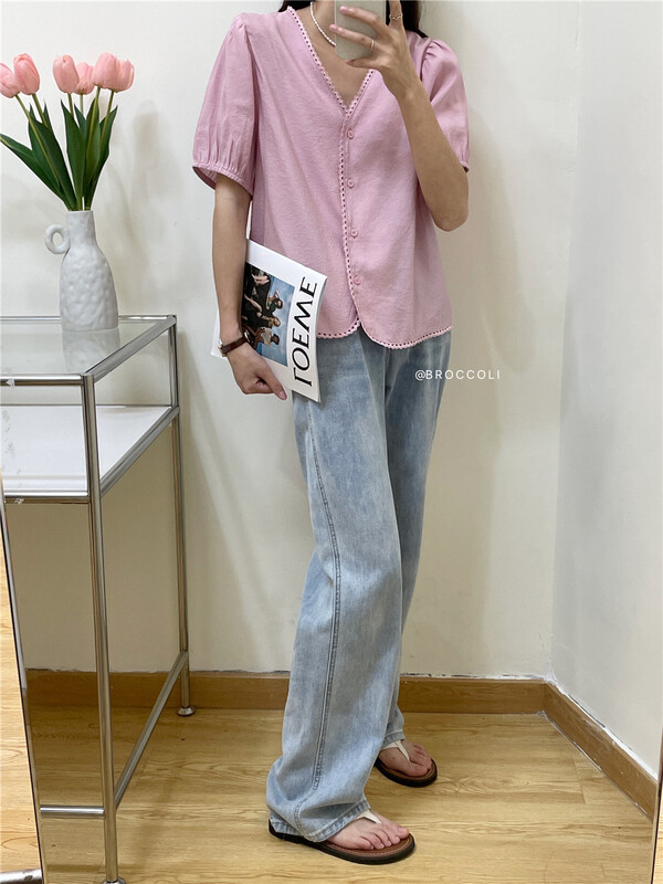 【 broccoli 】 Korean fresh button lace shirt 069\zjy