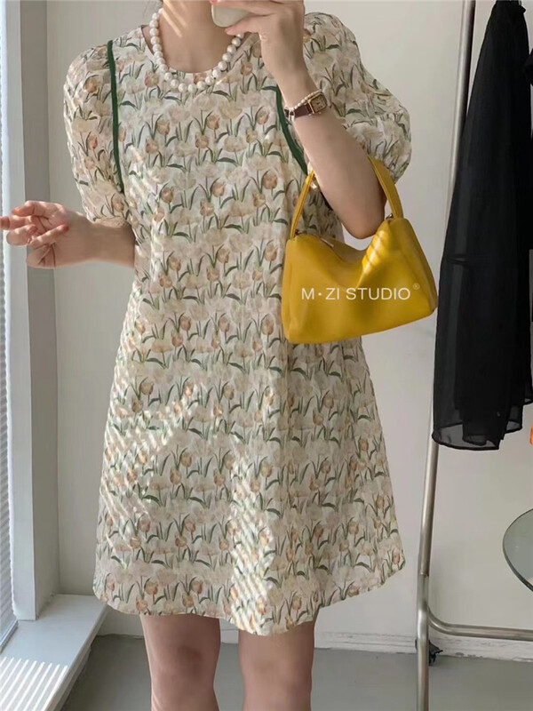 [m.zi studio] square neck floral bubble sleeve dress 16119\hbx