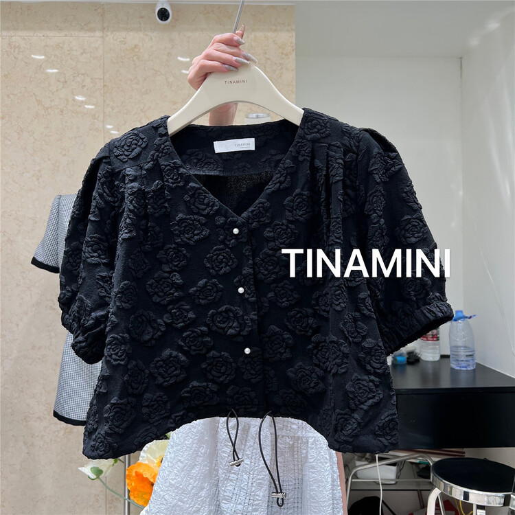 [tinamini] Korean version V-neck drawstring short shirt ys1-6738\hjy
