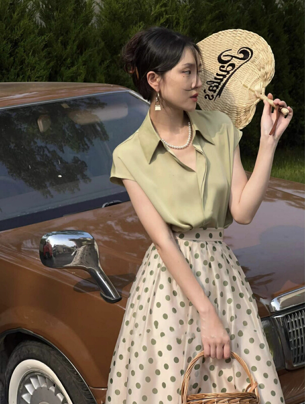 [JH] solid color short sleeve top + aging storm point skirt suit (suit only) 42028\pcz