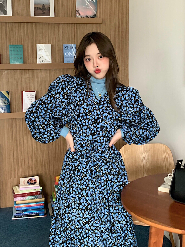 [dolly] high waist bubble sleeve V-neck printed floral dress (with waist rope) (dress only) 5790\lsw