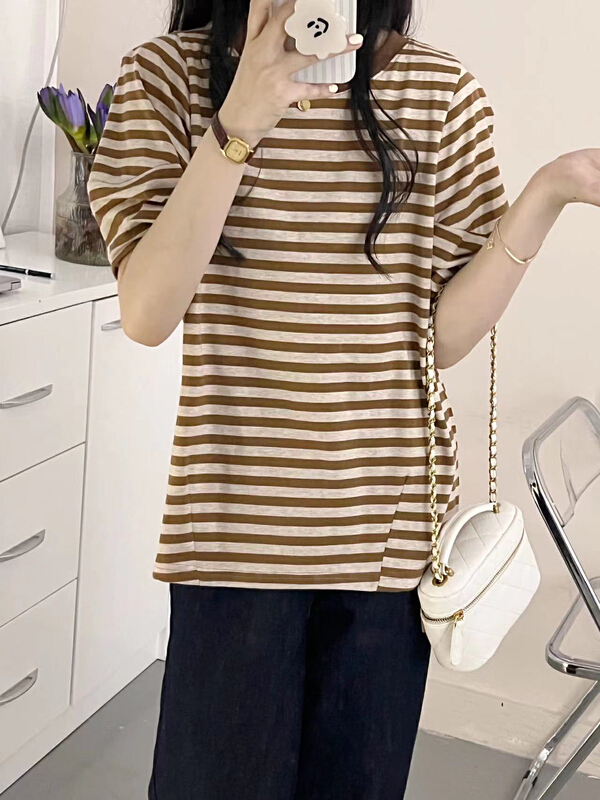 [Susan] simple color matching stripe Casual Short Sleeve T-shirt 18913\lsw