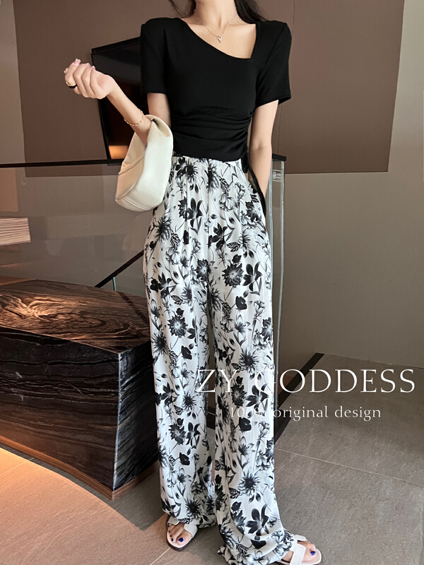【 ZY 】 retro printed fashionable thin trousers casual pants 58177