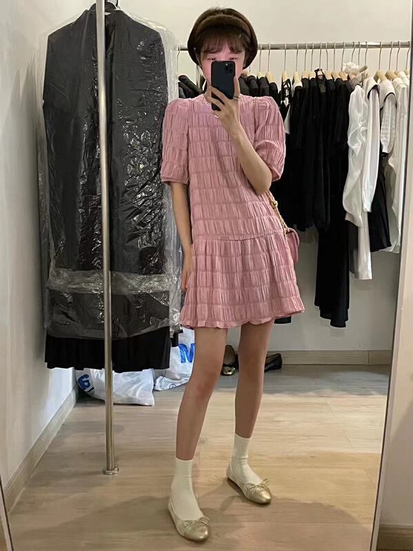 [Zoe Zoe] sweet round neck wrinkled texture dress c659\zjy