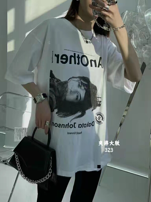 [Huan Zhuoer] lettered portrait printed large loose short sleeve T-shirt 323\ll