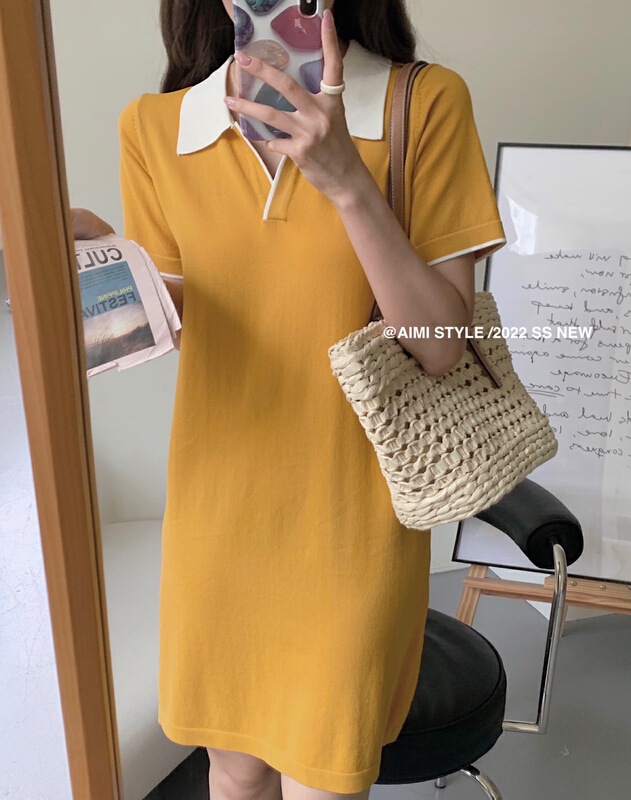 【AIMISTYLE】夏季撞色Polo領寬鬆直筒連衣裙  13739#  HBX