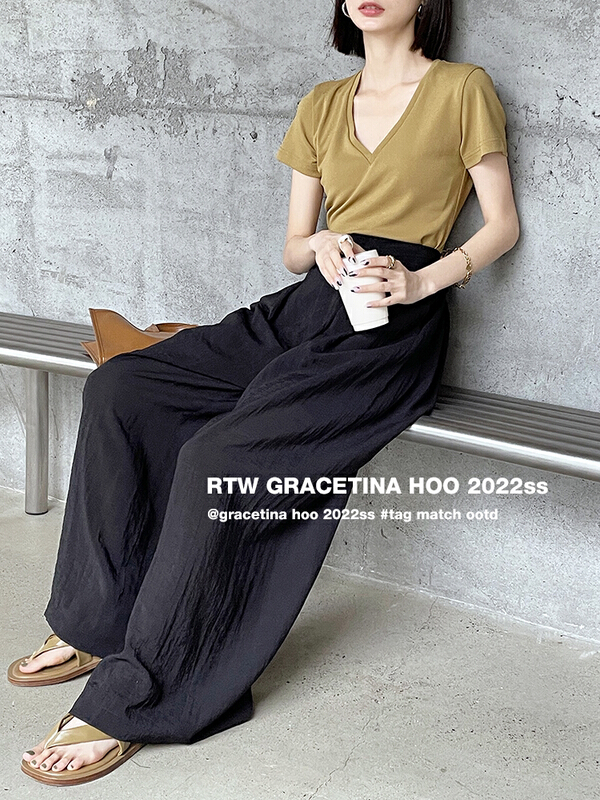 [gracetina Hoo] design feeling high waist hanging feeling light wide leg casual pants k8230