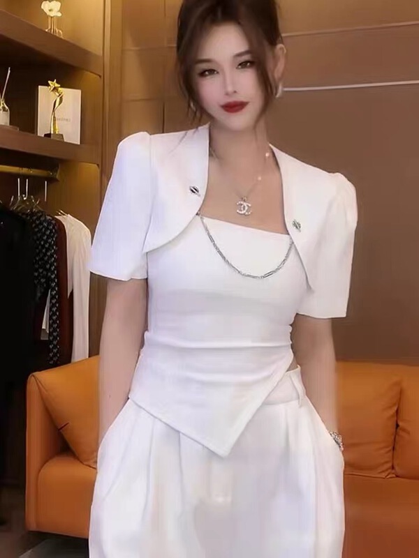 [py] design sense chain folding shirt + fashionable suspender vest suit 8106\wtt