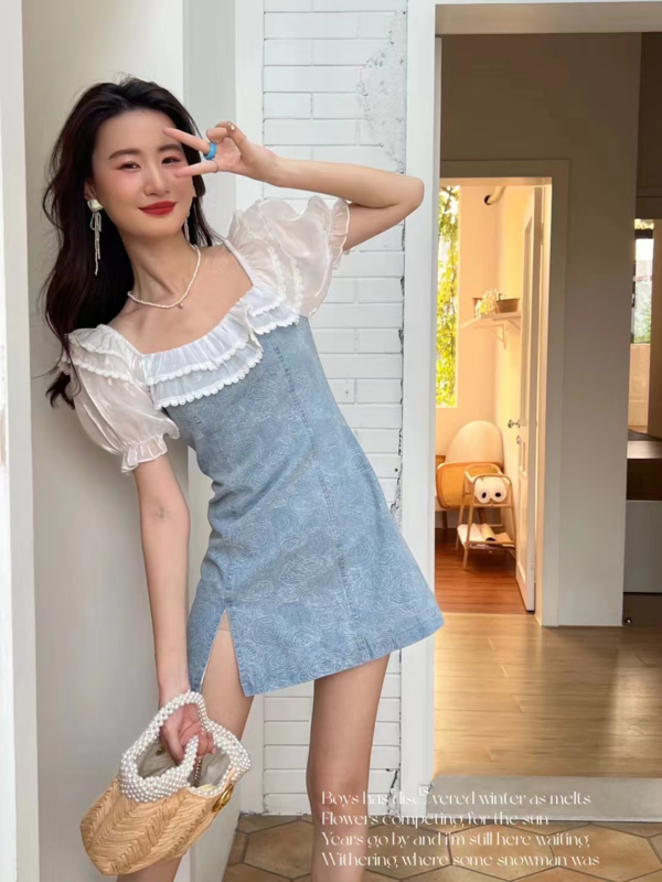 [g+] French retro Ruffle denim dress 739\cl