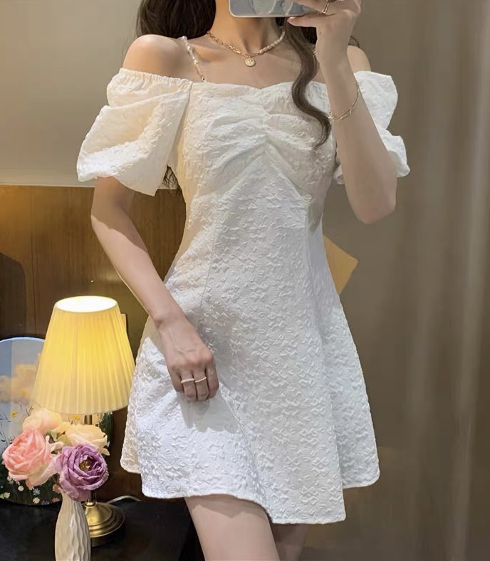 [JH] summer new net red small fragrant pearl off the shoulder dress 41930\pcz