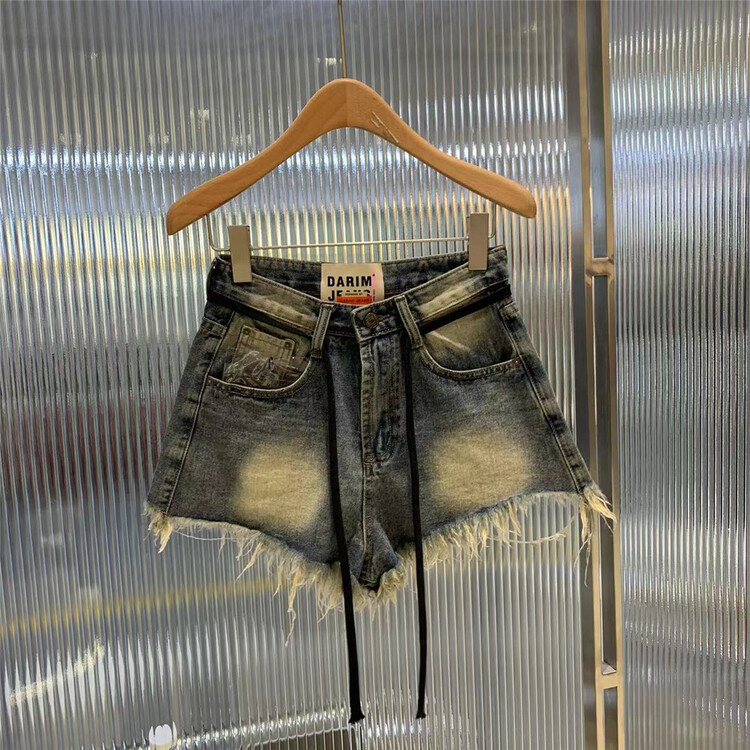 [o not 1] Korean color blocked casual denim shorts (with waist rope) w861\lsw