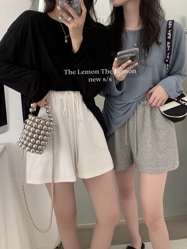 [lemon green tea] Korean versatile elastic waist tie casual shorts 2226\hjy